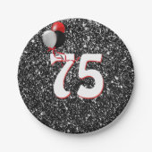 75e geboortedag ballonnen op zwarte glitter papieren bordje (Voorkant)