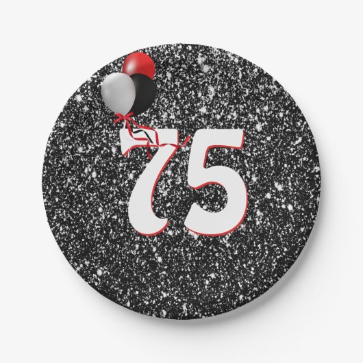 75e geboortedag ballonnen op zwarte glitter papieren bordje (Voorkant)