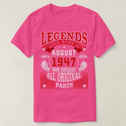 75e geboortedag T-shirt Legends, geboren in august (Design voorkant)