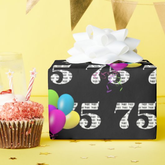 75e Gelukkige Verjaardagsballonnen op Zwart Cadeaupapier (Verjaardagsfeest)