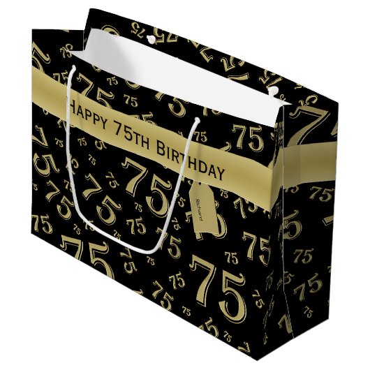 75e Happy Birthday Black/Gold-nummerpatroon Groot Cadeauzakje (Voorkant Gekanteld)