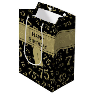 75e Happy Birthday Black/Gold-nummerpatroon Medium Cadeauzakje