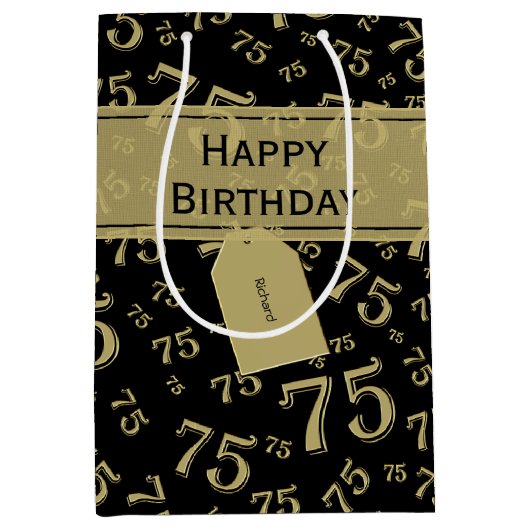 75e Happy Birthday Black/Gold-nummerpatroon Medium Cadeauzakje (Voorkant)