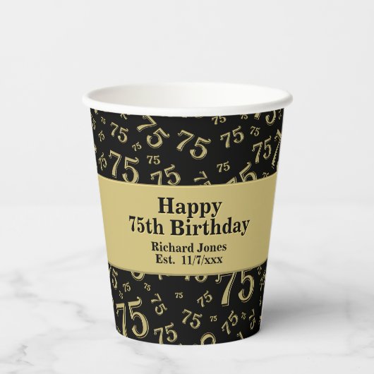75e Happy Birthday Black/Gold-nummerpatroon Papieren Bekers (Achterkant)