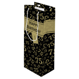 75e Happy Birthday Black/Gold-nummerpatroon Wijn Cadeautas