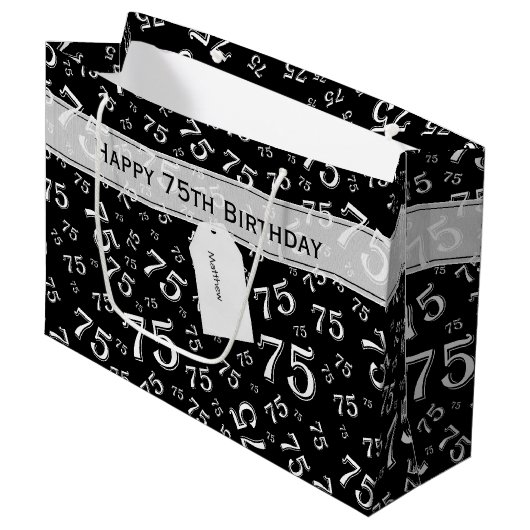 75e Happy Birthday Black/White Number Pattern Groot Cadeauzakje (Voorkant Gekanteld)