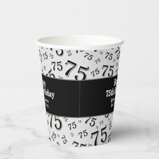 75e Happy Birthday Black/White Number Pattern Papieren Bekers (Rechts)
