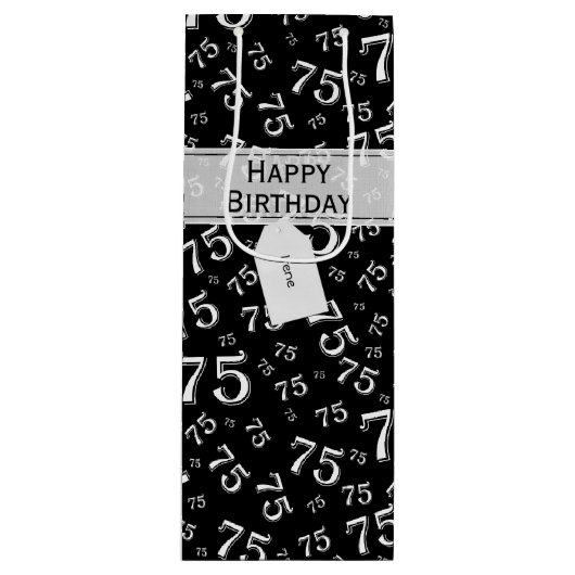 75e Happy Birthday Black/White Number Pattern Wijn Cadeautas (Voorkant)