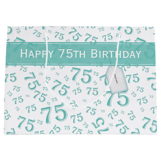 75e Happy Birthday Blauwgroen/White Number Pattern Groot Cadeauzakje (Voorkant)
