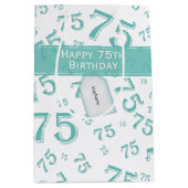 75e Happy Birthday Blauwgroen/White Number Pattern Medium Cadeauzakje (Voorkant)
