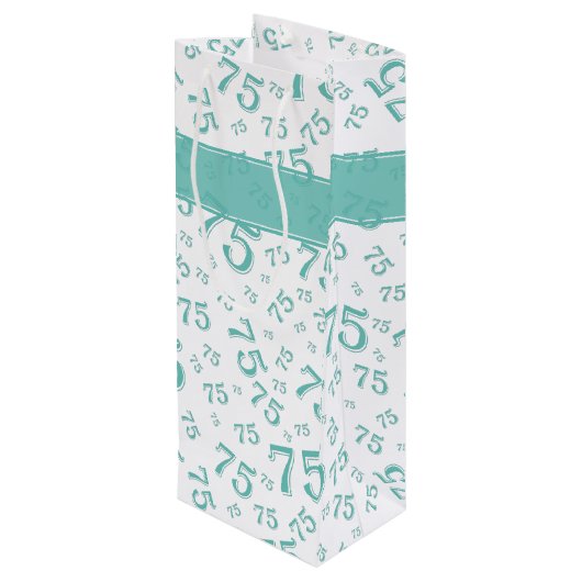 75e Happy Birthday Blauwgroen/White Number Pattern Wijn Cadeautas (Achterkant Gekanteld)