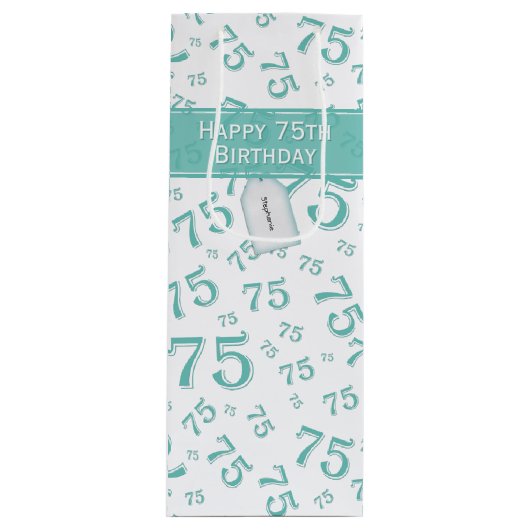 75e Happy Birthday Blauwgroen/White Number Pattern Wijn Cadeautas (Voorkant)