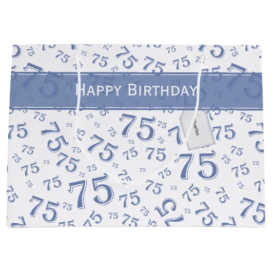 75e Happy Birthday Blue/White Number Pattern Groot Cadeauzakje (Voorkant)