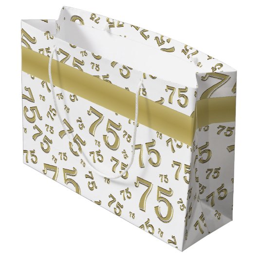 75e Happy Birthday Gold/White Number Pattern Groot Cadeauzakje (Achterkant Gekanteld)