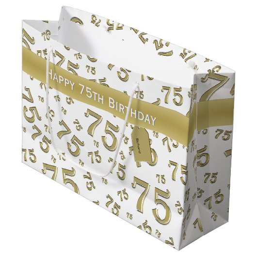 75e Happy Birthday Gold/White Number Pattern Groot Cadeauzakje (Voorkant Gekanteld)