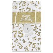 75e Happy Birthday Gold/White Number Pattern Klein Cadeauzakje (Voorkant)