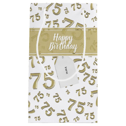 75e Happy Birthday Gold/White Number Pattern Klein Cadeauzakje (Voorkant)