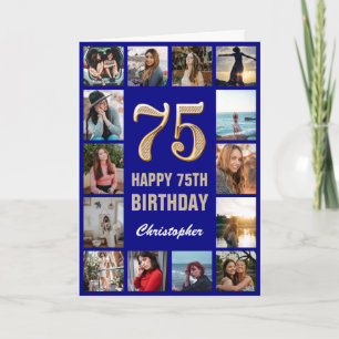 75e Happy Birthday Navy Blue & Gold Photo Collage Kaart