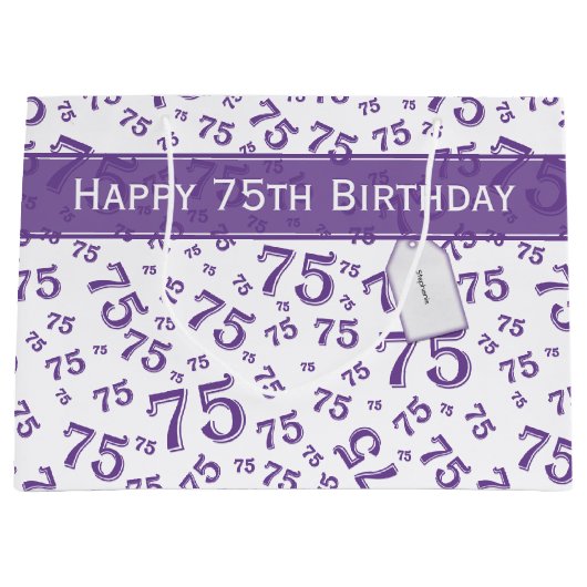 75e Happy Birthday Paars/White Number Pattern Groot Cadeauzakje (Voorkant)