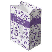 75e Happy Birthday Paars/White Number Pattern Medium Cadeauzakje (Voorkant Gekanteld)