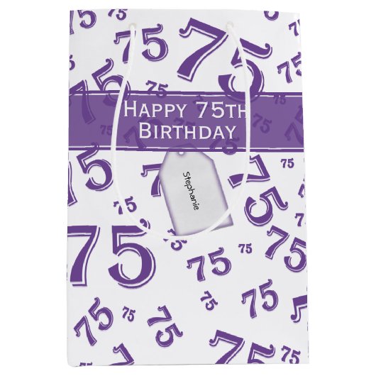 75e Happy Birthday Paars/White Number Pattern Medium Cadeauzakje (Voorkant)