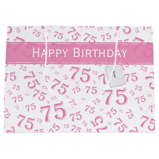 75e Happy Birthday Pink/White Number Pattern Groot Cadeauzakje (Voorkant)