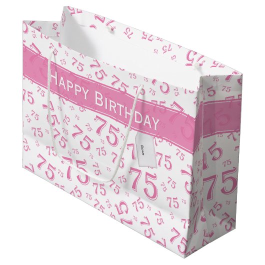 75e Happy Birthday Pink/White Number Pattern Groot Cadeauzakje (Voorkant Gekanteld)