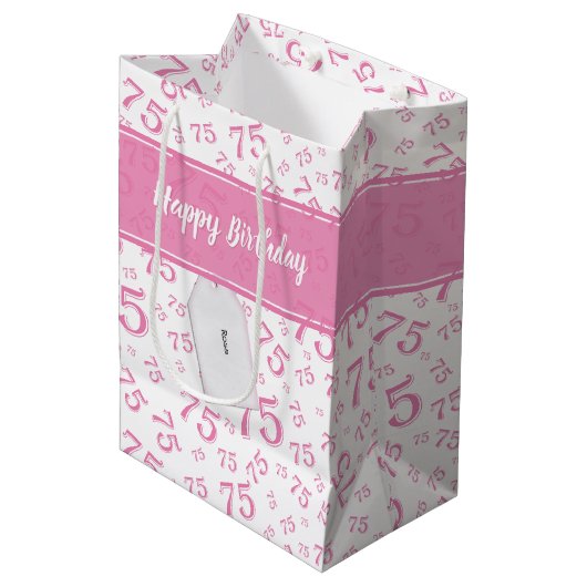 75e Happy Birthday Pink/White Number Pattern Medium Cadeauzakje (Voorkant Gekanteld)