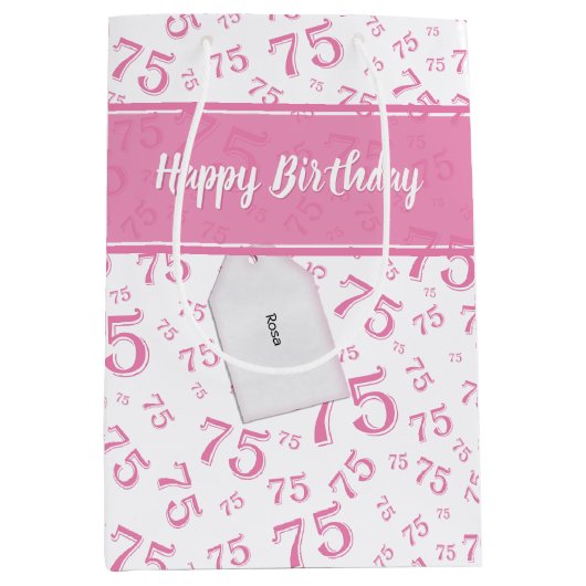 75e Happy Birthday Pink/White Number Pattern Medium Cadeauzakje (Voorkant)