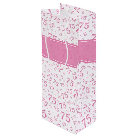 75e Happy Birthday Pink/White Number Pattern Wijn Cadeautas (Achterkant Gekanteld)