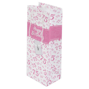 75e Happy Birthday Pink/White Number Pattern Wijn Cadeautas