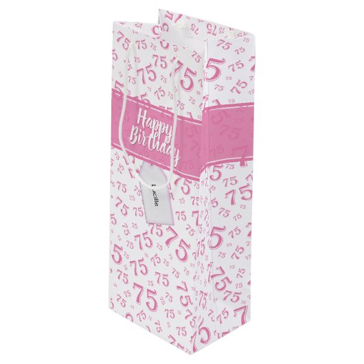 75e Happy Birthday Pink/White Number Pattern Wijn Cadeautas (Voorkant Gekanteld)