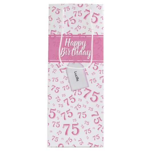 75e Happy Birthday Pink/White Number Pattern Wijn Cadeautas (Voorkant)