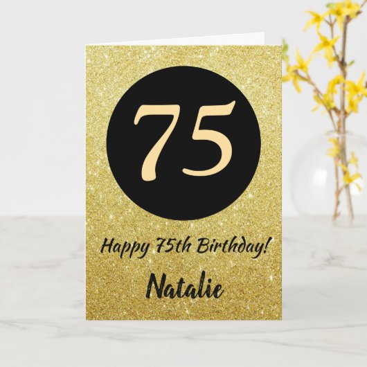 75e Happy Birthday Zwart en Goud Glitter Kaart (Gele Bloem)