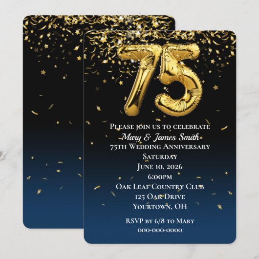 75e Jubileum Gold-ballonnen en Confetti Invitati Kaart (Voorkant / Achterkant)
