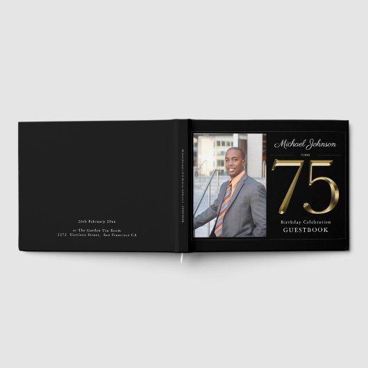 75e Solid Classy Zwart Goud Aangepaste Foto Verjaa Gastenboek (Volledig)