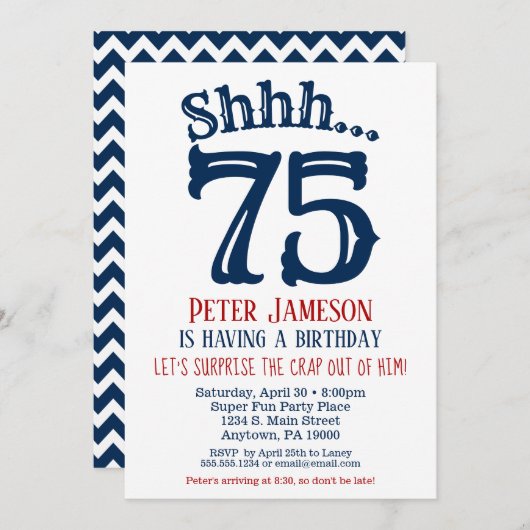 75e Surprise Birthday Invitation Mannen Navy Blue Kaart (Voorkant / Achterkant)