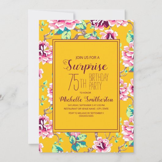 75e Surprise Birthday Party Yellow Pink Flowers (Voorkant)
