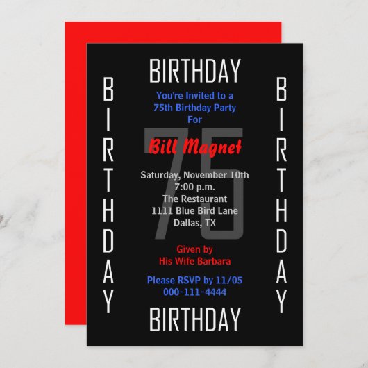 75e Uitnodiging voor verjaardagsfeest 75 (Voorkant / Achterkant)
