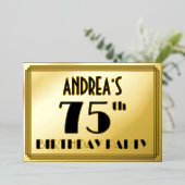 75e verjaardag — Art Deco look "75" + Naam Folie Uitnodiging (Staand Voorkant)