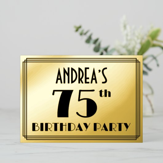 75e verjaardag — Art Deco look "75" + Naam Folie Uitnodiging (Staand Voorkant)