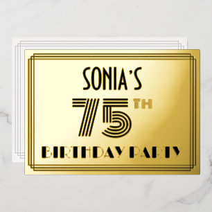 75e verjaardag — Art Deco Style "75" en naam Folie Uitnodiging