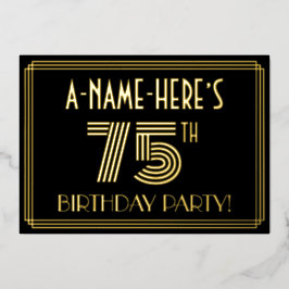 75e verjaardag — Art Deco Style "75" + Naam Folie Uitnodiging
