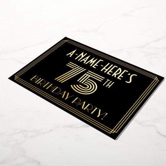 75e verjaardag — Art Deco Style "75" + Naam Folie Uitnodiging (Gedraaid)