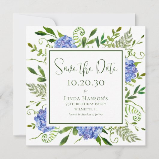 75e verjaardag Blauwe Hortensia's Save The Date (Voorkant)