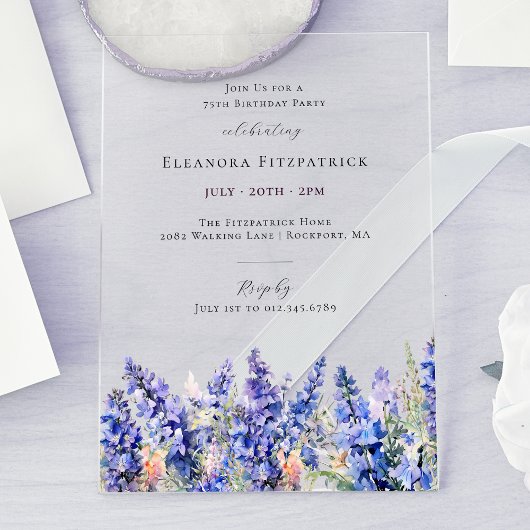 75e Verjaardag Blauwe Larkspur Juli Geboortebloem Acryl Uitnodigingen