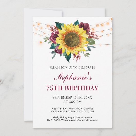 75e Verjaardag Bloemen Zonnebloem String Lights Pa Kaart (Voorkant)