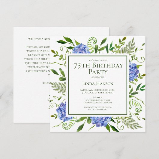 75e Verjaardag Blue Hydrangeas Kaart Verzoek (Voorkant / Achterkant)
