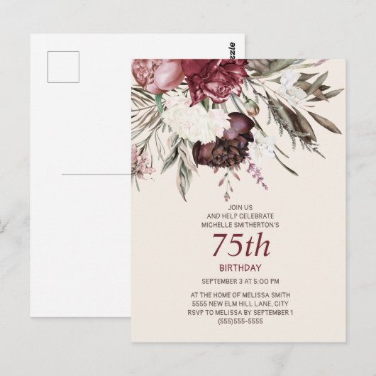 75e verjaardag Bourgogne Ivory Floral Cream Briefkaart (Voorkant / Achterkant)