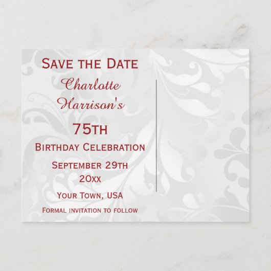 75e verjaardag Damask en Faux Bow Bewaar de datum Aankondigingskaart (Achterkant)